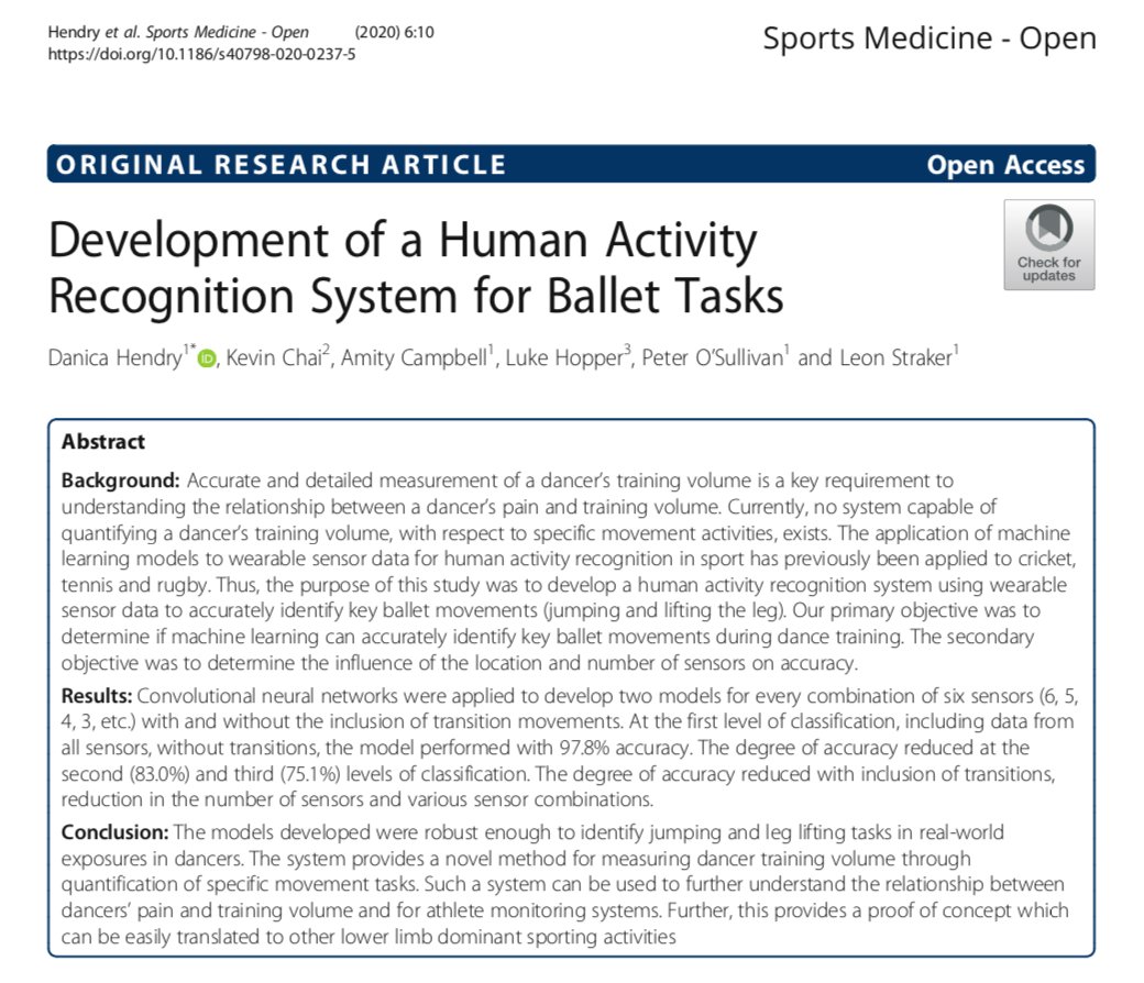 danicahendry's tweet image. 💃Just published: rdcu.be/b1nd4  Development of a human activity recognition system for ballet tasks. Creating potential for objective quantification of specific training volume in ballet. 
 @CurtinIC @CurtinPhysio @PeteOSullivanPT @HopperLS