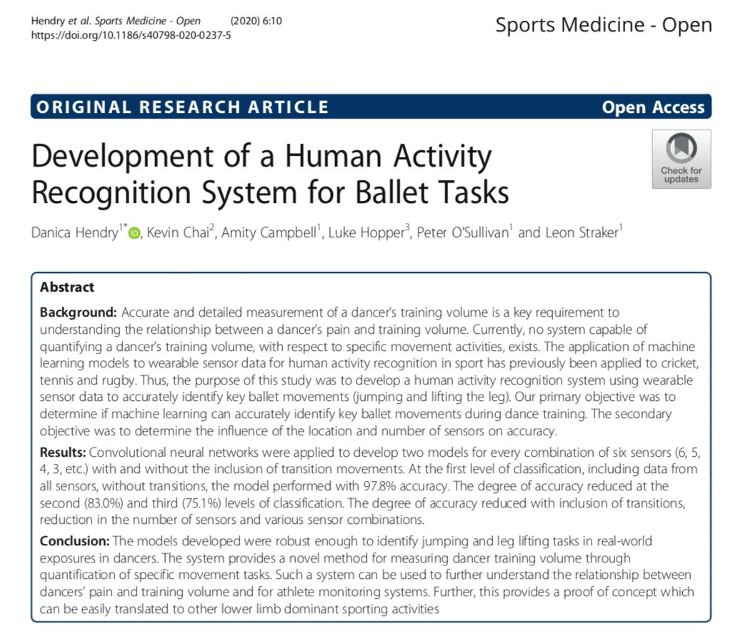 💃Just published: rdcu.be/b1nd4 Development of a human activity recognition system for ballet tasks. Creating potential for objective quantification of specific training volume in ballet. @CurtinIC @CurtinPhysio @PeteOSullivanPT @HopperLS