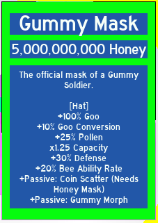 Bee Swarm Leaks On Twitter The Gummy Mask Has Been Changed Instead Of 100 Goo It Is Now 50 Goo Also The X1 25 White Pollen Has Been Removed And The X1 25 Capacity - roblox bee swarm simulator goo