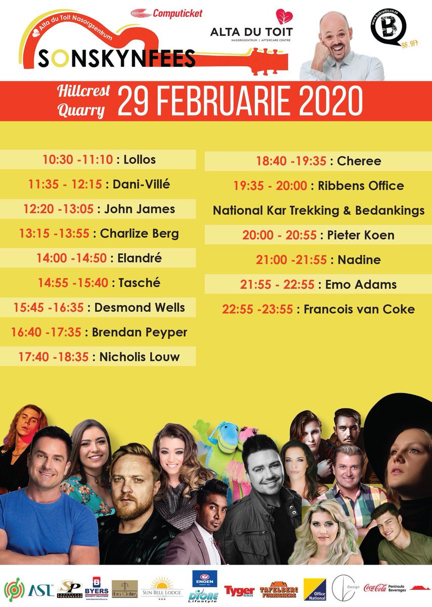 1Sunbelllodge's tweet photo. Die #Sonskynfees program is hier! Ons hoop julle het al julle kaartjies gekoop! Dit gaan 'n dag VOL vermaak wees!
#SunBellLodge #Borg #Fees #TenbatevanAltaduToit https://t.co/1Jsq2liZ19