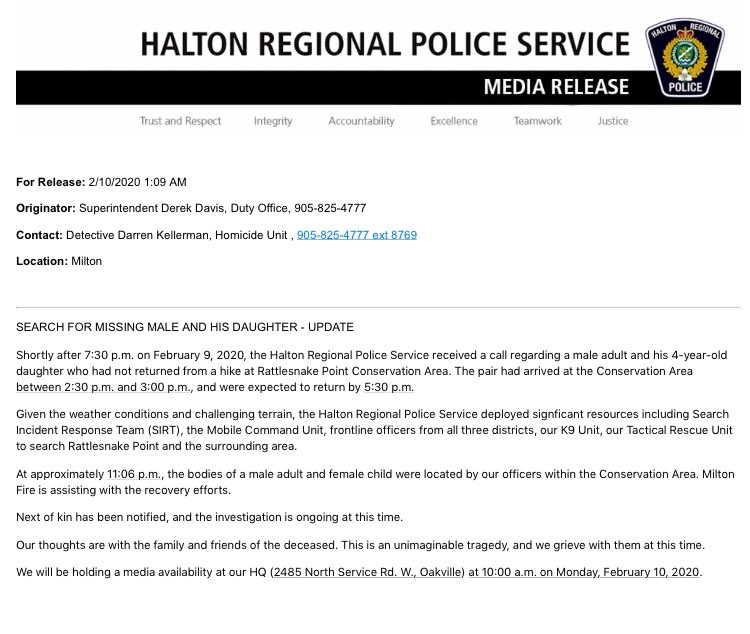 HaltonPolice's tweet photo. Tragically, we have located the bodies of the missing male and young female child. Milton Fire is currently assisting with recovery efforts. Our thoughts are with the family and friends of the deceased. ^jh https://t.co/cselPXKqM1