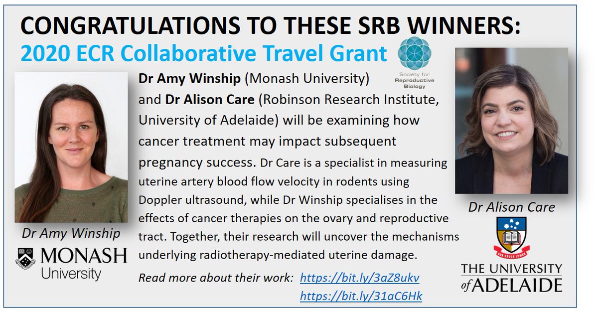 SRB (@reproductionsrb) on Twitter photo Congratulations to <a href="/amy_winship/">amy winship</a> from <a href="/MonashBDI/">Monash Biomedicine Discovery Institute</a> and <a href="/alison_care/">Dr Alison Care</a> from <a href="/RobsInstitute/">Robinson Research Institute</a> on receiving this competitive ECR award. A fantastic collaboration! Read more about their research here: bit.ly/3aZ8ukv
and here: bit.ly/31aC6Hk Congratulations to <a href="/amy_winship/">amy winship</a> from <a href="/MonashBDI/">Monash Biomedicine Discovery Institute</a> and <a href="/alison_care/">Dr Alison Care</a> from <a href="/RobsInstitute/">Robinson Research Institute</a> on receiving this competitive ECR award. A fantastic collaboration! Read more about their research here: bit.ly/3aZ8ukv
and here: bit.ly/31aC6Hk
