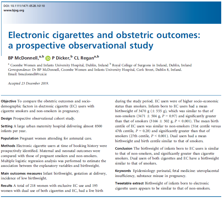 BJOGTweets's tweet image. Published today in BJOG: Birthweight of infants born to electronic cigarette users appears to be similar to that of non-smokers fal.cn/36slw