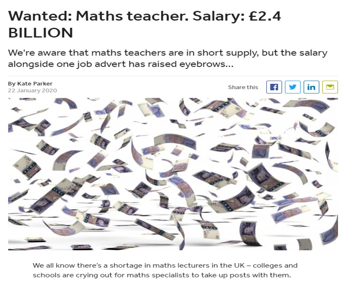 PlusCpd's tweet image. We can't quite promise a £2.4 BILLION salary, as reported in the TES, but we do know there is a severe shortage of Maths teachers in the UK.

Retrain for FREE. Find out more: cpdplus.weebly.com