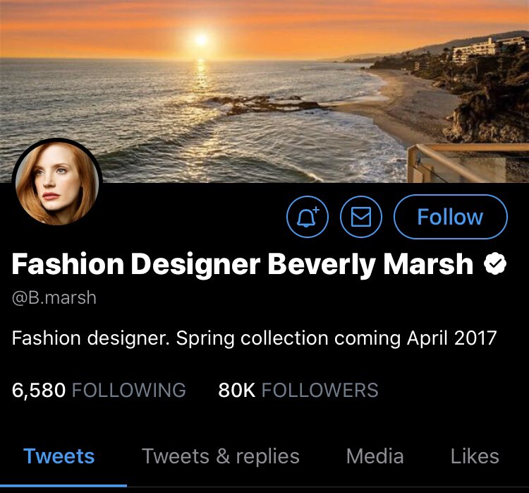 Beverly: uses twitter mostly to promote her fashion designs and to retweet and like her friends posts, is the mom of the group, owns her own companyBen: almost every picture he posts is a weird looking building or Beverly, is a successful CEO, lives with his girlfriend Beverly