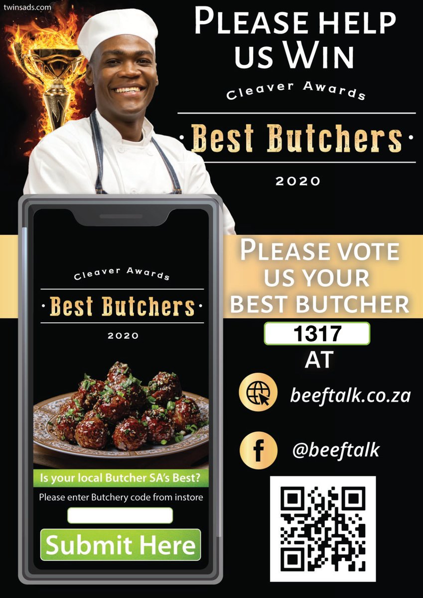 starmeatsza's tweet photo. Have you Not Voted Yet?
Your Vote Counts, please vote for us in the #CleaverAwards 2020 #BestButchers using our unique code 1317 - https://t.co/MBjCR2zXld https://t.co/x0JzGT8X0w