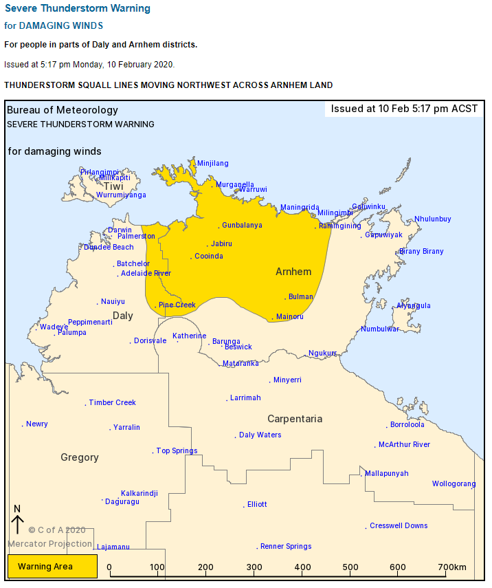 BOM_NT's tweet photo. ⚠️ Severe #Thunderstorm Warning issued for damaging #winds for #Jabiru, #Maningrida, #Milingimbi, #PineCreek and #Cooinda and other nearby locations. See https://t.co/WGlUM8fr6X for details and updates; follow advice from @secureTerritory https://t.co/YWSjdduzBH
