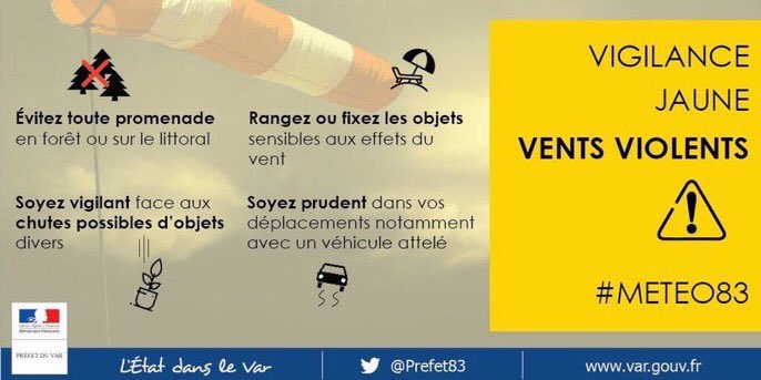 #METEO83 💨 Le #Var est placé en vigilance météorologique JAUNE #vent violent les 10 &amp; 11 février 2020. Les vents vont se renforcer cet après-midi ce lundi avec des rafales de l’ordre de 100 à 110 km/h et localement 140 km/h. Pensez à ranger ce qui pourrait être emporté.