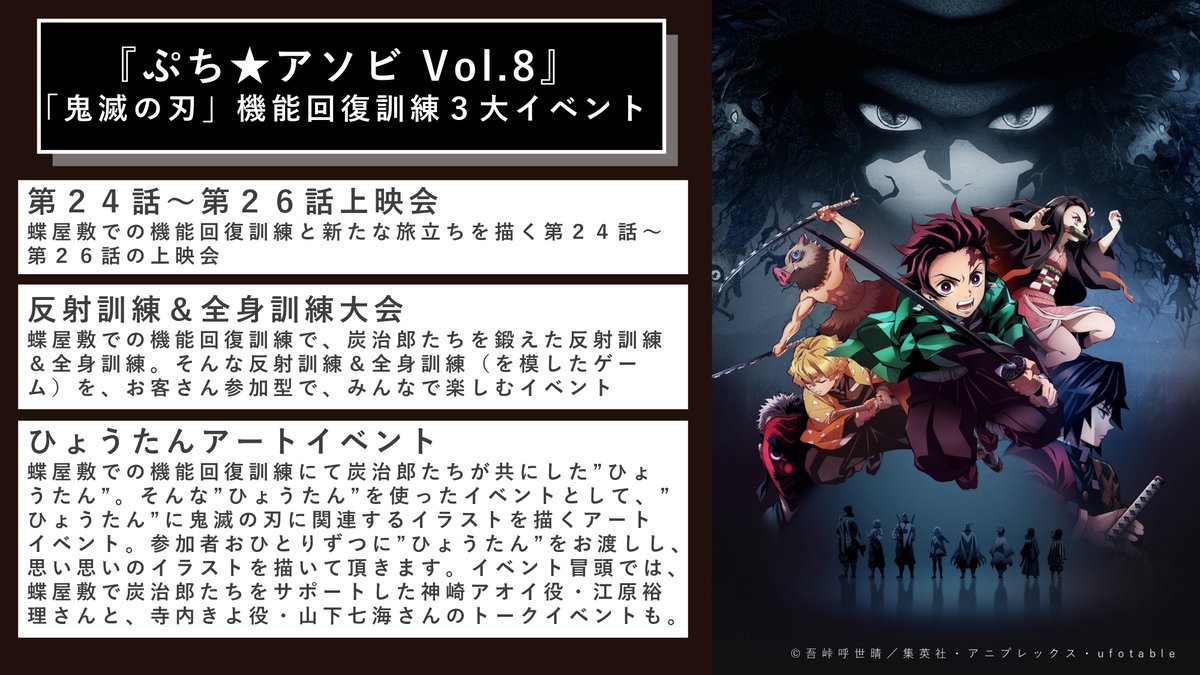 鬼滅の刃公式 2月15日 土 16日 日 に徳島市内で開催される ぷち アソビ Vol 8 にて Tvアニメ 鬼滅の刃 機能回復訓練３大イベント の開催が決定 ぜひ遊びにお越しください イベント詳細はこちら T Co 1i04m6enqc ぷち アソビ Vol