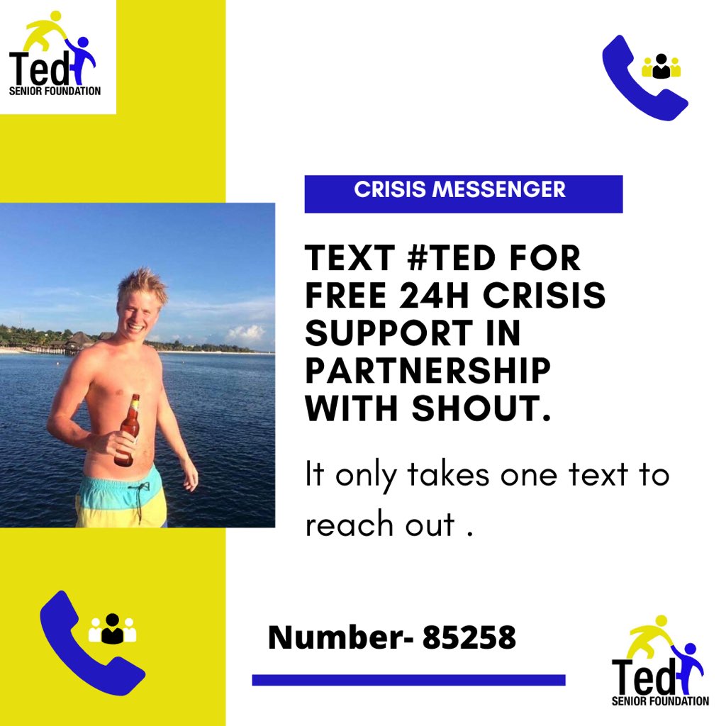 foundation_ted's tweet photo. Two years ago today we lost Ted. He was a son, brother and a friend to everyone. Not a day goes by without the feeling of pain from his loss. TSF’s goal is to spare one more family or friend from experiencing our trauma💛💙 We are proud to announce our crisis line. Text #TED ⬇️ https://t.co/4lkze12wlF