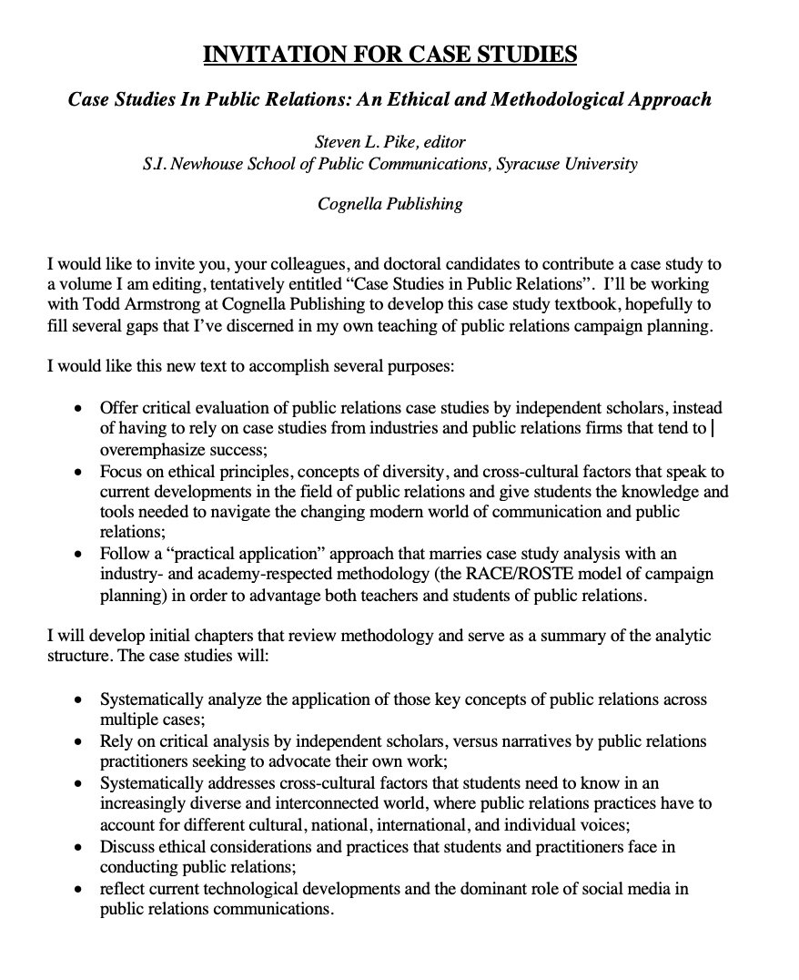 ICA_PRD's tweet photo. #CallforCaseStudies Prof. Steven Pike is inviting chapter submission to his new book on "Case Studies in Public Relations", tentatively scheduled to be published on February 2021 #publicrelations #reseach #publications #ICAPRDNetwork https://t.co/vq9eegTkpm