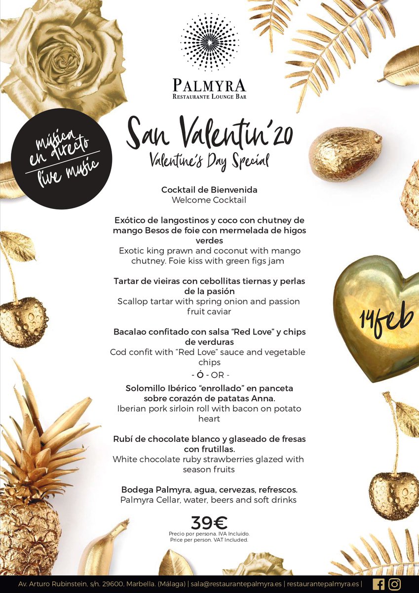 Palmyra_marbs's tweet photo. San Valentín es nuestro primer evento del año, primera gran propuesta gastronómica y primera cena con música en vivo. Para celebrar con el primer amor, con el segundo o con el de toda la vida !!!

#RestaurantePalmyra
Info &amp; Reservas: 952 858 423
#Marbella https://t.co/ChquxmQl2O