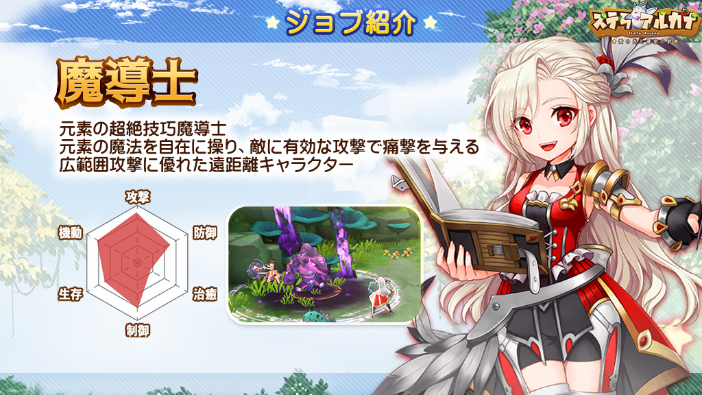 公式 ステラアルカナ ジョブ紹介ー魔導士 元素の超絶技巧魔導士 魔法の攻撃はどんどん行くわよ 元素の魔法を自在に操り 敵に有効な攻撃で痛撃を与え 広範囲攻撃に優れる遠距離キャラクター T Co Jxygtefxid ステラ アルカナ