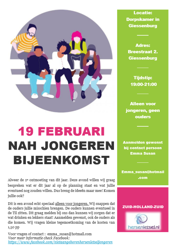 Op 19 februari 2020 organiseert Hersenletsel.nl Zuid-Holland opnieuw een bijeenkomst voor jongeren met NAH. De avond begint om 19.00 uur in de Dorpskamer in Giessenburg.