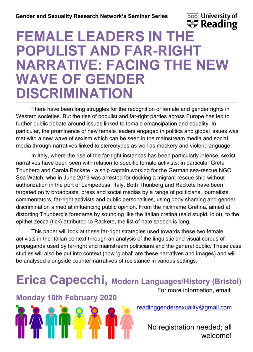 📣All Welcome TODAY! To @ReadingGender 's seminar 'Female Leaders in the Populist and Far-Right Narrative: Facing the New Wave of Gender Discrimination' from <a href="/ECapecchi/">Dr Erica Capecchi</a> at <a href="/BristolItalian/">BristolItalian</a> Whiteknights Campus, Edith Morley 175 5-6pm. No need to book!
<a href="/SWWDTP/">SWWDTP</a>