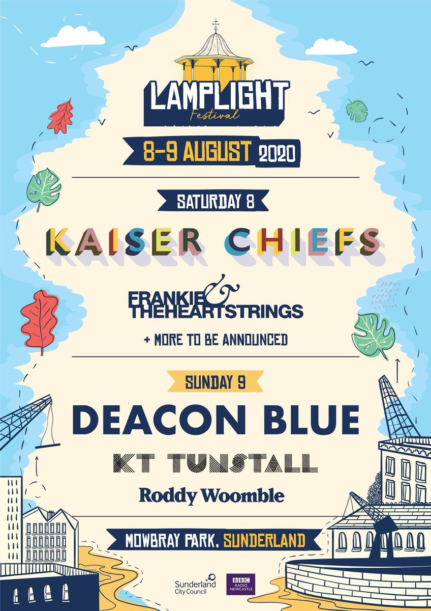 lamplight_fest's tweet photo. 💥 We're VERY pleased to announce the huge first wave of acts for Sunderland's brand new Lamplight Festival 2020 this summer. We're welcoming @KaiserChiefs, @deaconbluemusic, @FrankieStrings, @KTTunstall, and @RoddyWoomble for the city's all-new family-friendly affair. https://t.co/a8kWOJ75un