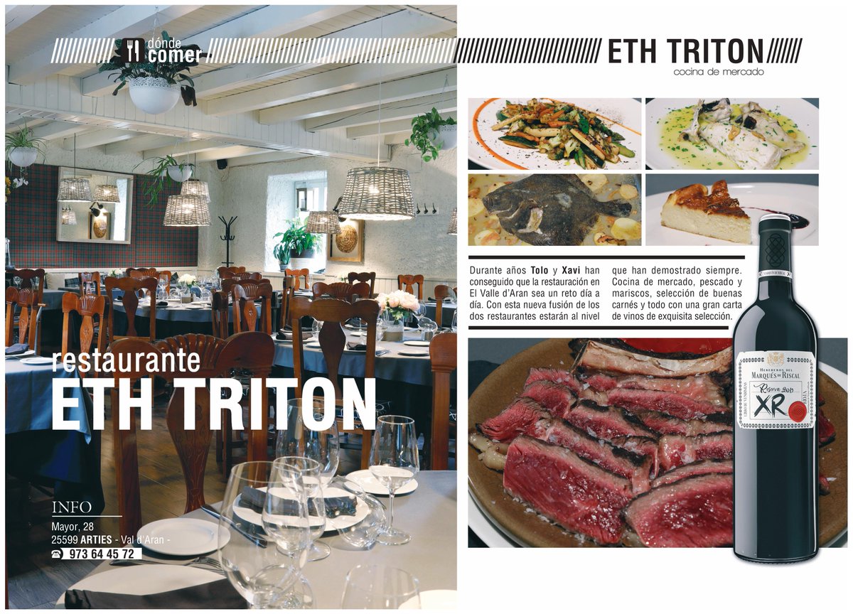 AranForYou's tweet photo. Aún no conoces el restarurante Eth Triton en #Arties

Cocina de mercado, pescados y mariscos, selección de buenas carnes y una gran carta de vinos. No dejes de visitar a Tolo y Xavi en este lugar acogedor.

Descúbrelo en👉 https://t.co/bnNYcpdAMH

#AranForYou #guiavaldaran https://t.co/Gd2sOOqAsh