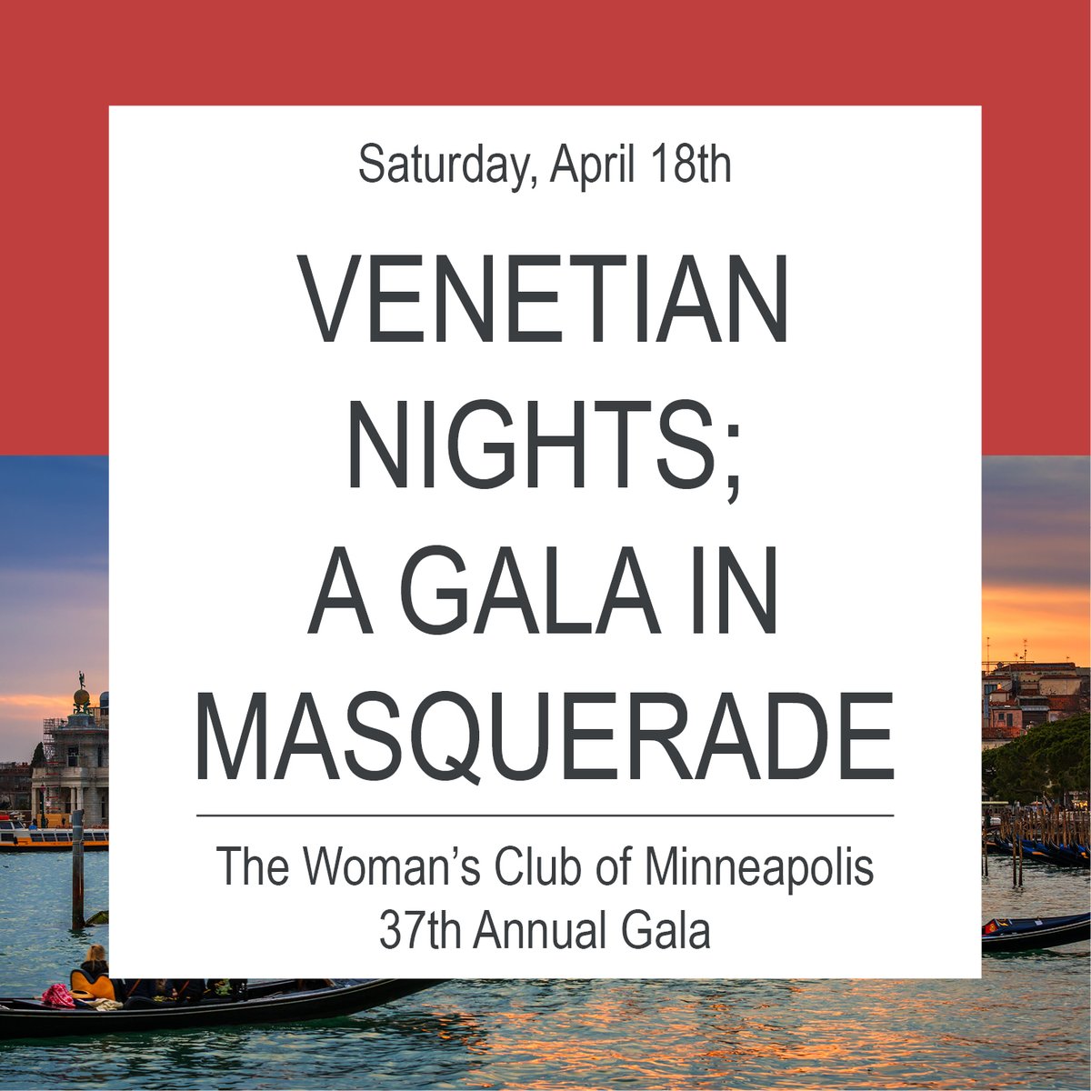 Join us for The Woman’s Club largest annual fundraiser on Saturday, April 18. This year’s theme will transport you and your guest to the colorful streets of Venice, Italy with the theme "Venetian Nights; A Gala in Masquerade". 

Stay tuned for more info!

#gala #venice