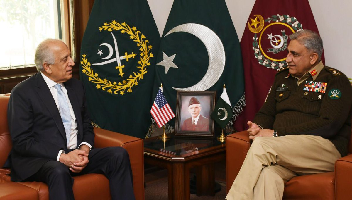 ThePakistanArmy's tweet photo. Mr Zalmay Khalilzad, US Special Representative for Afghan Reconciliation called on General Qamar Javed Bajwa, Chief of Army Staff (COAS) at GHQ, today. https://t.co/WtgOHeA3zj