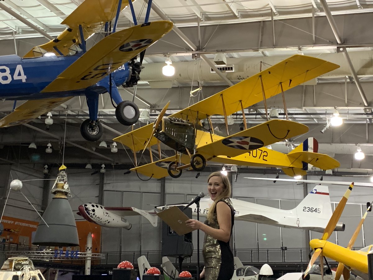 BigQuizThing's tweet photo. Take flight! Quizmaster @choosejencon is ready for takeoff at our #TriviaFundraiser at #Dallas's @FrontofFlight Aviation Museum. #LiveTrivia #MuseumTrivia #EventProfs #TriviaFundraisers #TriviaEvents #EventProfs #DallasTrivia https://t.co/dNeau5mIIU