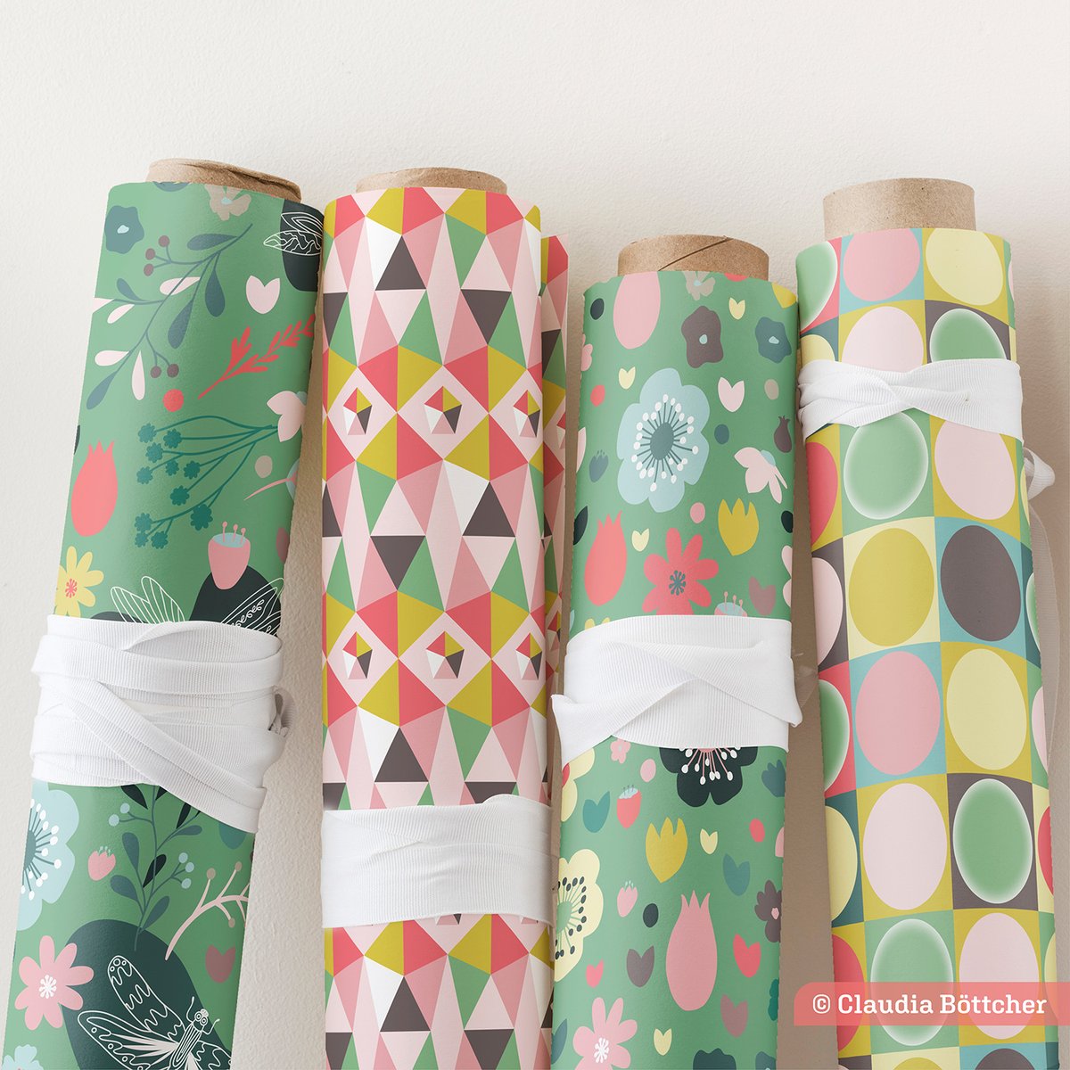 claudiaboe's tweet image. &quot;Returning Spring Spirits&quot;. 🌿🌷🌿🌷🌿🌷 I designed some coordinate patterns for a mini collection using the same color palette – now available in my #society6 shop on #giftwrap and several home decor items – have a look: ow.ly/IAEJ50yktPL #springpattern #surfacedesign