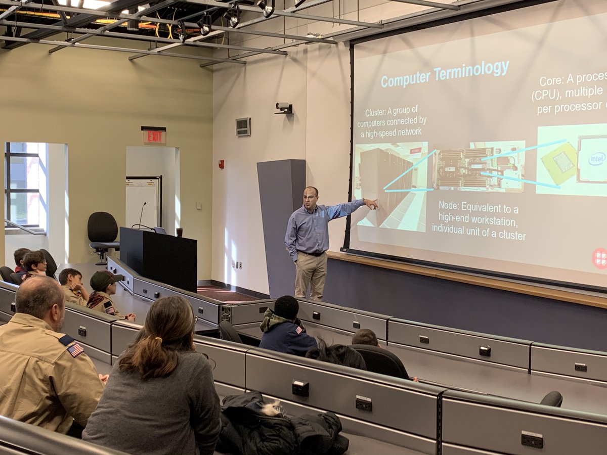 osc's tweet image. A local @boyscouts troop stopped by @OhTechCo this morning to listen to OSC&apos;s Director of Strategic Programs, Alan Chalker, Ph.D., give a talk all about supercomputers! #HPC #HPCmatters #STEM #Columbus