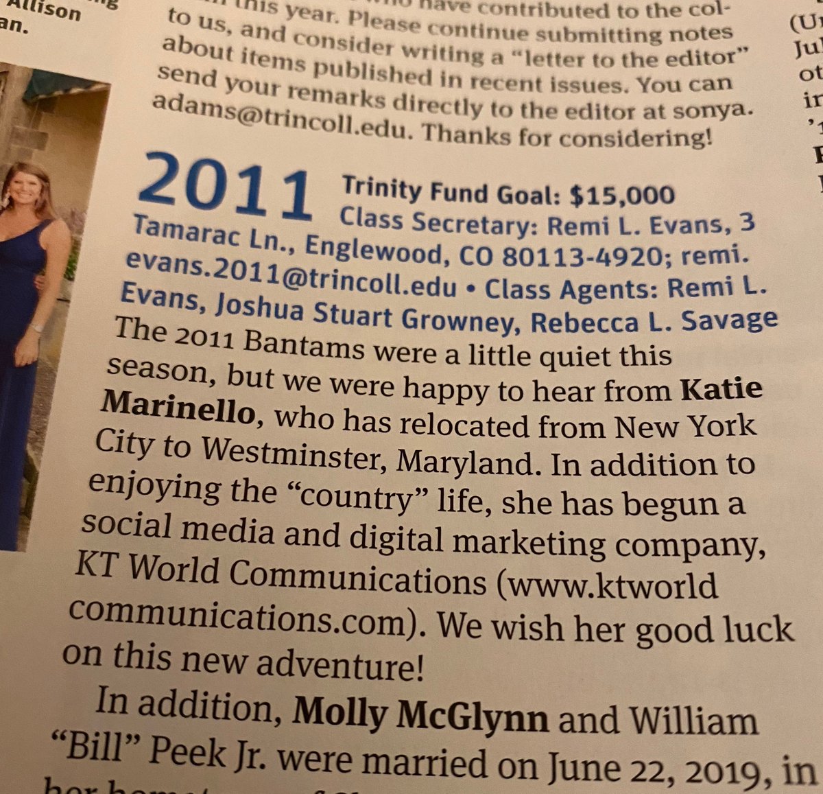 KTWorldComm's tweet photo. Today’s #MondayMotivation brought to me by this shoutout in the @trinitycollege reporter. Proud to represent my #almamater in everything I do.
#ktworldcomm #college #bantampride #trinning #trinitycollege #socialmediatips #socialmediamanager #freelance #freelancelife https://t.co/OMipTlZ5nj