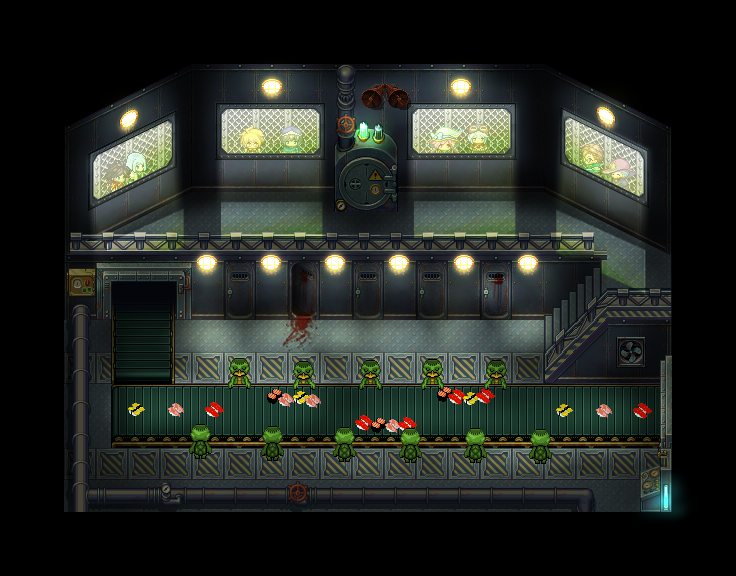 おばけ カッパの地下お寿司工場 見学ツアーへようこそ ここでは毎日 カッパ共が人間様のためにお寿司を作っているよ いつでもすぐに働けるように カッパ共のお部屋がすぐ後ろにあるんだよ このマップにはカッパからの 秘密のメッセージ が隠れ