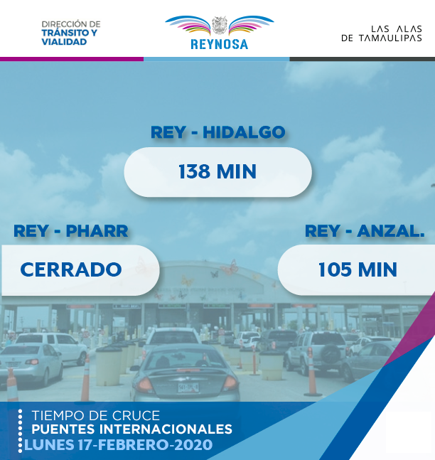 TransitoReynosa's tweet photo. TIEMPOS DE CRUCE EN LOS DIFERENTES PUENTES INTERNACIONALES DE REYNOSA. (08:37 a.m.) https://t.co/SEW4Rdm43d