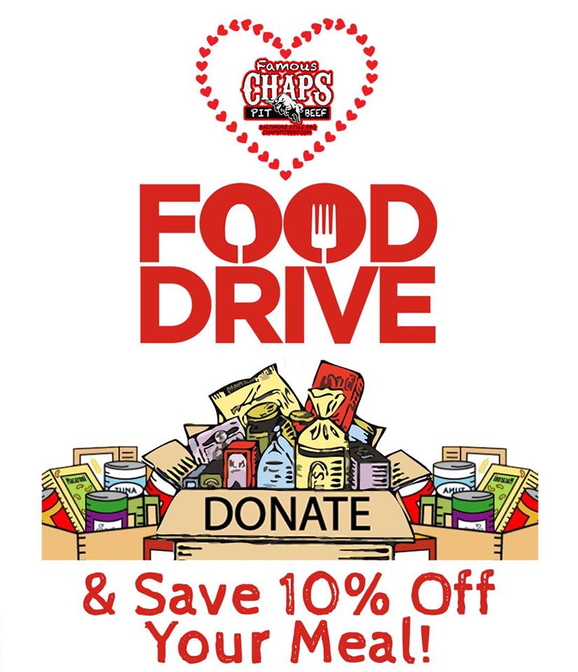 ChapsPitBeef's tweet photo. Chaps is working our way to help fight hunger but we need your help! Bring your canned or packaged goods &amp; receive our 10% friends &amp; family discount! Chaps will match your donations &amp; together we'll help feed the hungry in our area! #ChapsFightsHunger https://t.co/KTLFeC5q2K