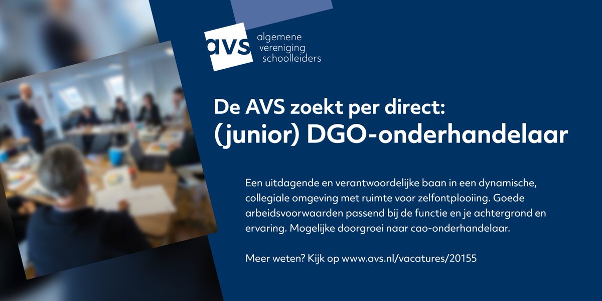 De AVS zoekt per direct een (junior) DGO-onderhandelaar voor
32 uur per week. Een uitdagende en verantwoordelijke baan in een dynamische, collegiale omgeving met ruimte voor zelfontplooiing. Mogelijke doorgroei naar cao-onderhandelaar Zie: avs.nl/vacatures/20155