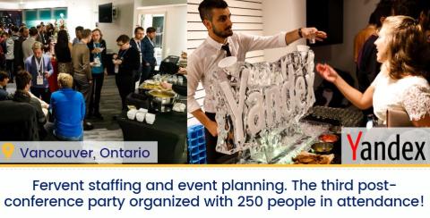 FerventEvents's tweet image. Our third #event planned for Yandex, and this time in #Vancouver, with 250 attendees! Russian-speaking staff were hired for the event, with many details for authenticity (including food, drinks &amp;amp; music)! The event included multiple #branding elements-including an ice sculpture.