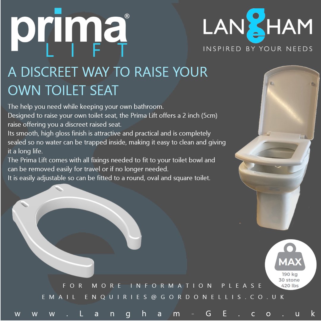 THE BRAND NEW PRIMA LIFT! Available now! for more information on how to raise the height of a toilet whilst using the same toilet seat, email enquiries@gordonellis.co.uk