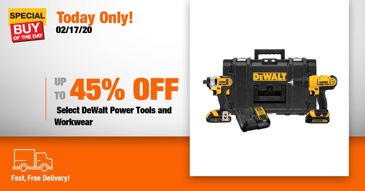 Upgrade the way you get the job done with savings on select DeWalt power tools and workwear from Home Depot's online only Special Buy of the Day! thd.co/3bJvKn9
