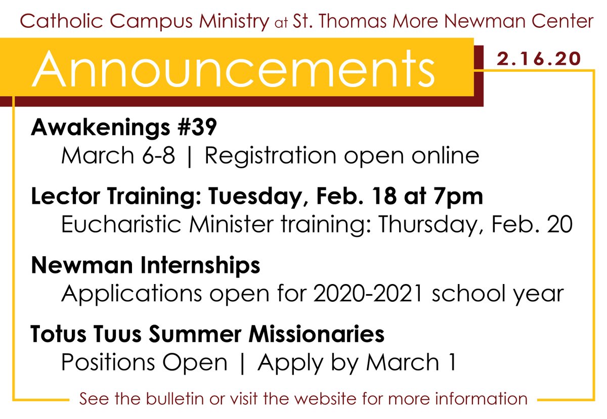 CoMoNewmanCM's tweet photo. This Week at Newman: Have you signed up for Awakenings yet? Visit https://t.co/88vpFovJqG for more info. https://t.co/gkxLHCAkqL
