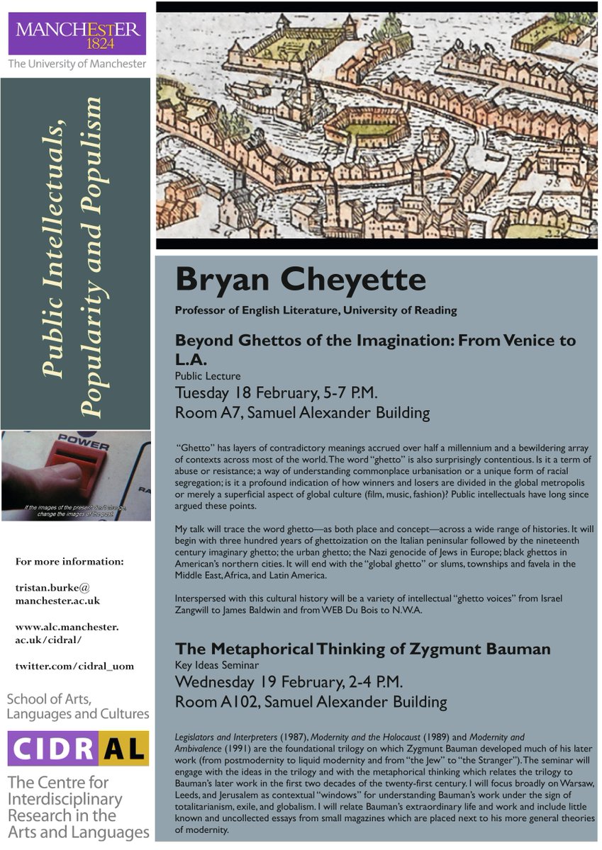 19 Feb, 2pm, Key Ideas seminar with Bryan Cheyette (Reading):  'The Metaphorical Thinking of Zygmunt Bauman', A102 Samuel Alexander Building. Full details and preparatory reading: ow.ly/wTCI50ymjYB