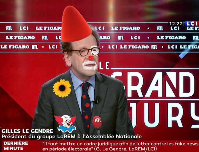 SierraTango74's tweet photo. Bozo Le Gendre🃏- clown triste de #LRBM La République En Branle ainsi renommée depuis l'exploit masturbatoire immortalisé en vidéo de Benjamin @BGriveaux - souhaite légiférer sur les #Fakenews Il ne s'agissait pas d'une fakebranlette @GillesLeGendre mais d'un fait non contesté ! https://t.co/oMB8qD04Lj