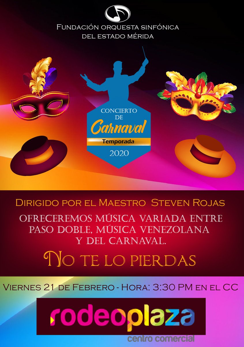 RESPETADA AUDIENCIA CORDIAL INVITACIÓN a nuestro V Concierto de la Temporada 2020 CONCIERTO DE CARNAVAL a efectuarse el Viernes 21 de Febrero de 2020 en el Centro Comercial Rodeo Plaza a las 3:30 pm , te esperamos podrás disfrutar de un gran concierto.