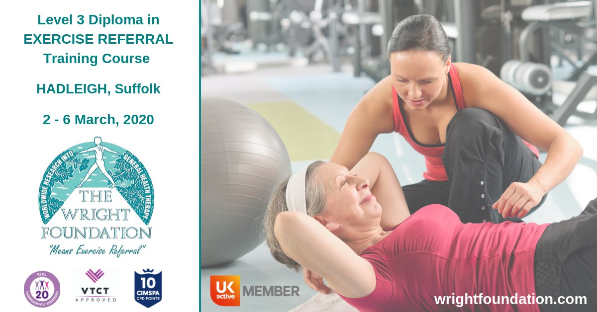 WRIGHTFoundUK's tweet photo. 2 weeks until Level 3 Diploma in Exercise Referral training course in HADLEIGH
Call us on 01307 469055 or click link for more info
https://t.co/UK7hvwvkrW
#WRIGHTFoundation #trainingcourses #gpreferral #exerciseforhealth @AC_Leisure @Active_Suffolk @_ukactive @cimspa @REPsUK https://t.co/CurZn6GPRa