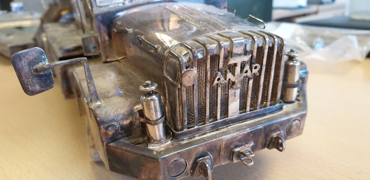 silverladyltd's tweet photo. Fabulous restoration of this Antar centrepiece completed and returned to @617_Sqn 7 Regt RLC @RHQ_The_RLC @4RegimentRLC @6RegtRLC @27RegimentRLC @29_RLC @150RegimentRLC @156RLCNW @157_Welsh_Regt @162MC @17_RLC @3RegtRLC #silverrepairs #silvercentrepiece https://t.co/c56ViIDss0