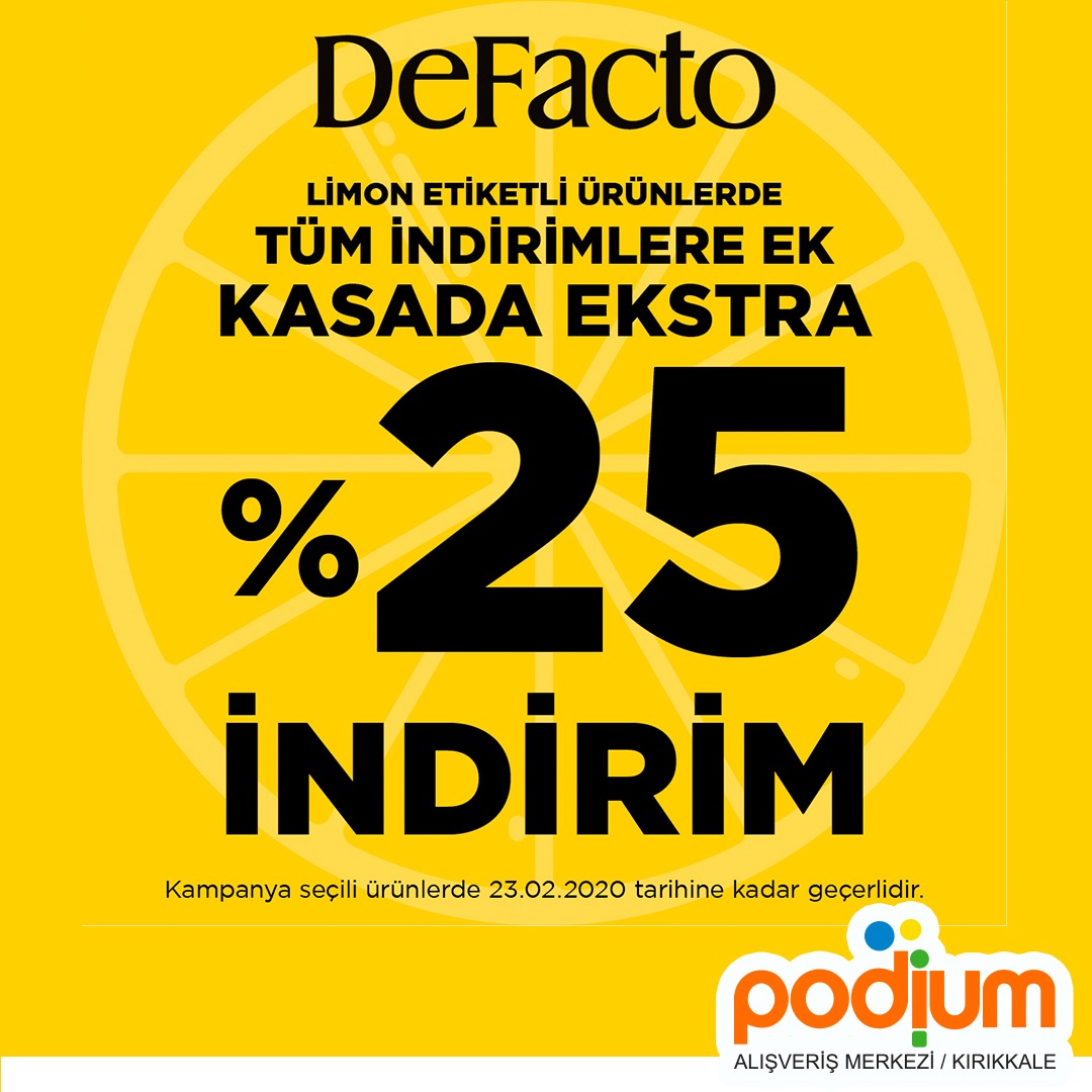 Kırıkkale Podium Avm Defacto’da Limon etiketli ürünlerde tüm indirimlere ek kasada ekstra %25 indirim fırsatı sizleri bekliyor. ✨ 23 Şubata kadar devam edecek bu harika kampanyayı kaçırmayın. 🥳 DeFacto Zemin katta. 🧥