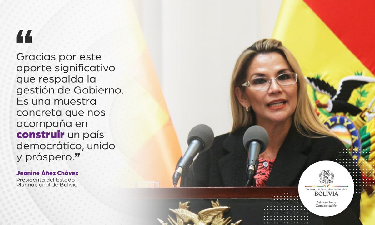 Comunicación del Estado Plurinacional de Bolivia (@comunicacionbo) on Twitter photo La Presidenta <a href="/JeanineAnez/">Jeanine Añez Chávez</a> agradeció a la Unión Europea <a href="/UEenBolivia/">Unión Europea Bolivia</a> por su respaldo y cooperación traducido en 27 millones de euros al TGN.
#ReconstruyendoElPaís La Presidenta <a href="/JeanineAnez/">Jeanine Añez Chávez</a> agradeció a la Unión Europea <a href="/UEenBolivia/">Unión Europea Bolivia</a> por su respaldo y cooperación traducido en 27 millones de euros al TGN.
#ReconstruyendoElPaís