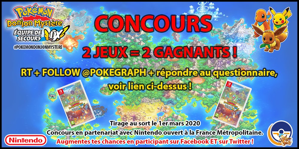 Pokegraph's tweet photo. #Concours en partenariat avec Nintendo France pour fêter l'arrivée de #PokemonDonjonMystère Equipe de Secours DX sur #NintendoSwitch !

Pour participer : 
RT+Follow @Pokegraph + répondre au questionnaire via ce lien ▶️https://t.co/fbRxqk4ZoU

Augmentes tes chances sur Facebook ! https://t.co/AHDkzqMVdS