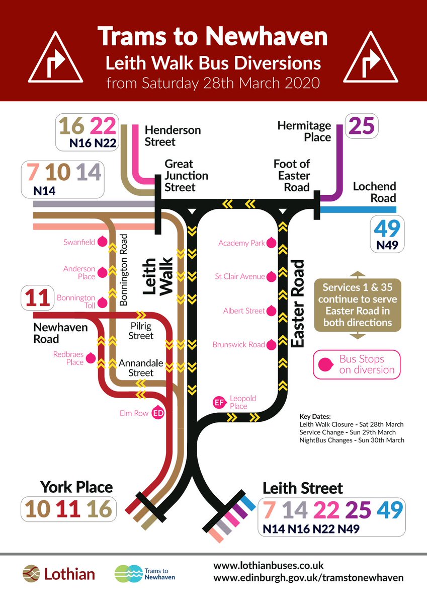 on_lothianbuses's tweet image. Leith Walk will see significant traffic management in place from 28 March 2020 for 18 months, with major diversions to all bus services in this area. Main services affected include the 7, 10, 11, 12, 14, 16, 22, 25 &amp;amp; 49.
