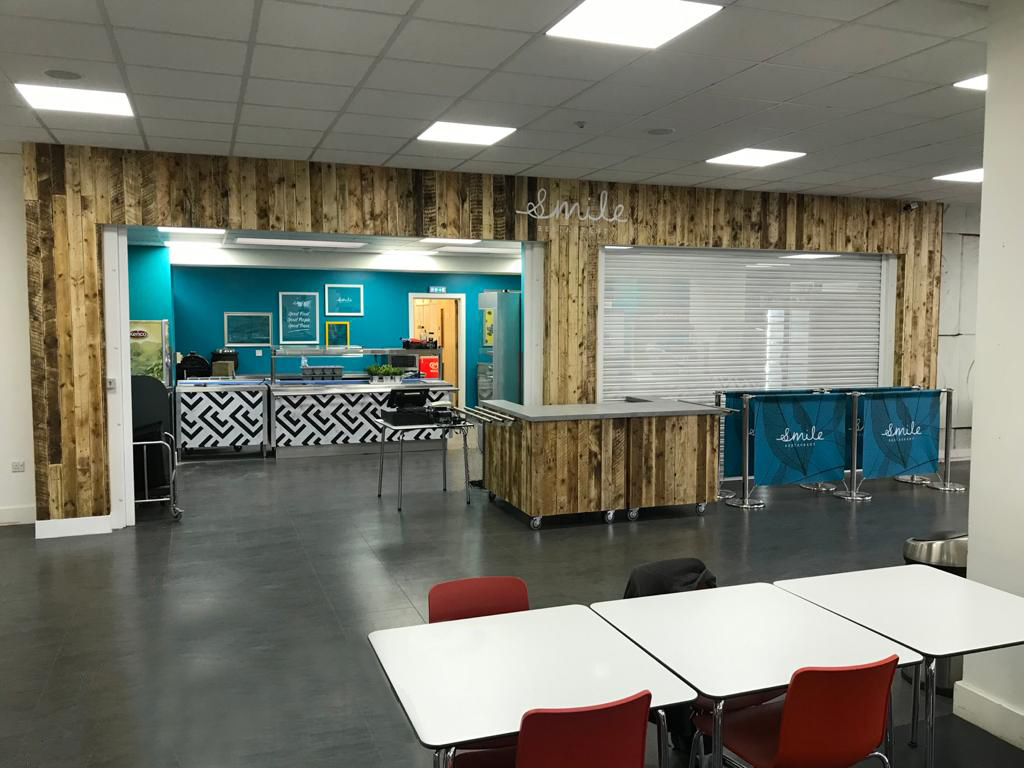 DSCMtweet's tweet photo. Smile it's Monday :) - Check out our Design &amp; Install of the coffee shop and restaurant at @Eastleigh_Col 
We used reclaimed pallet timber and painted on our branding for an authentic rustic look, mixed with vibrant wall colours and geometric patterns for an overall wow factor. https://t.co/dXNEIcOVmb