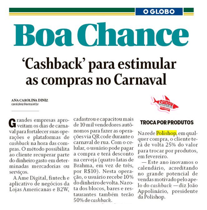 Campanha Carnaval de #cashback esquentando as vendas na <a href="/Polishop/">POLISHOP</a> até o dia 29/2 🎊 <a href="/polishop/">POLISHOP</a> #omnichannel #carnaval #folia #promocao #JoaoAppolinario #SharkTankBr