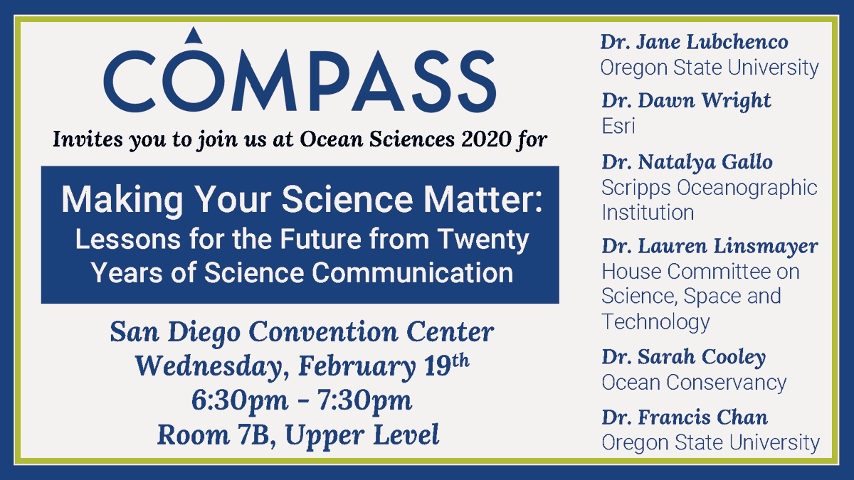 heathermannix12's tweet photo. Excited for our @COMPASSscicomm Town Hall at #OSM20 to hear experiences, stories &amp; lessons on #scicomm - and future challenges &amp; opportunities. Wed 2/19 6:30p 7B w/ amazing panelists @JaneLubchenco @co2ley @deepseadawn @Natalya_Gallo Lauren Linsmayer Francis Chan, drinks &amp; food! https://t.co/wkEG45PZVC