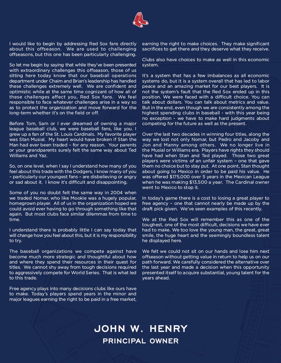 RedSox's tweet image. A Statement from #RedSox Principal Owner John Henry: