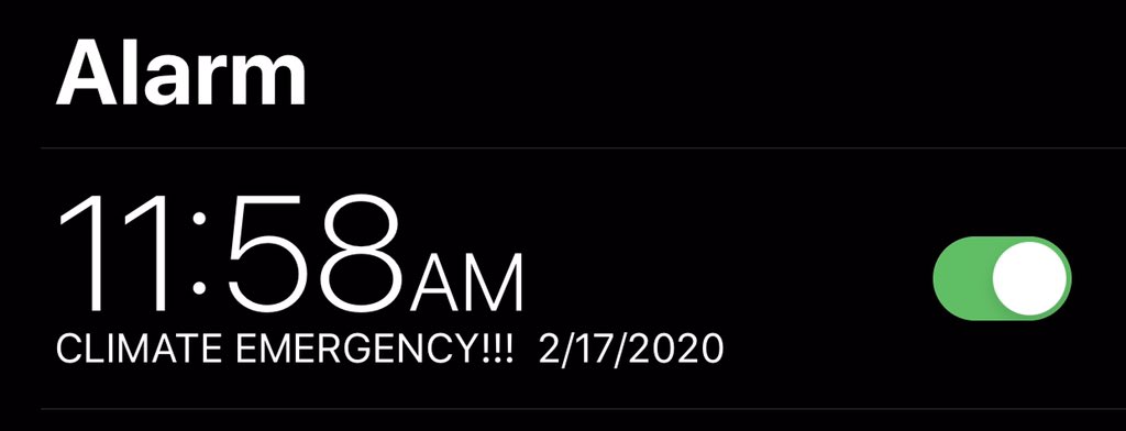 climate_bell's tweet photo. Ankeny, Iowa, USA

February 17, 2020

Make the #ClimateEmergency impossible to ignore.

Set your phone alarm to 11:58 am every day.

I work at home, so my alarm is usually heard only by me. Tell us your story.

#RingTheBellForClimate https://t.co/vpru1FO2zY