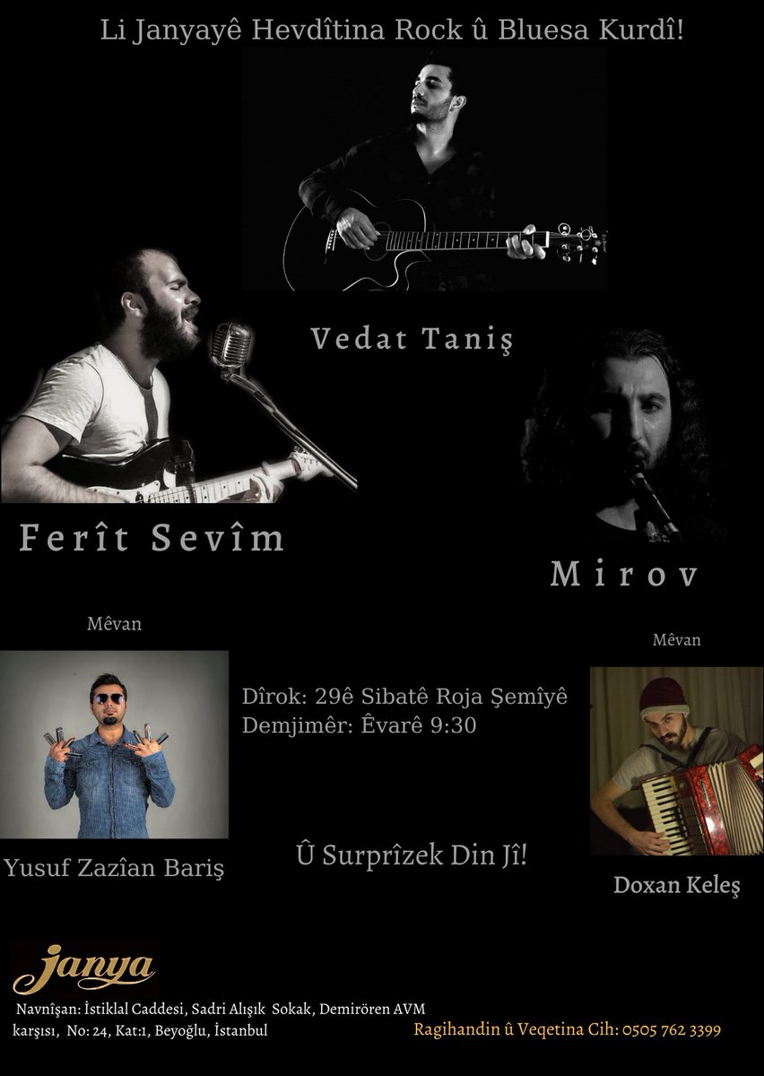 <a href="/vedattanis_/">Vedat Tanış</a> @mirovsaki <a href="/BarJanya/">Janya Cafe & Bar</a> Ji bo 29ê Sibatê sozê nede kesê. Hevalê xwe jî bîne û were. Ji vê mîhrîcanê nemîne. 
<a href="/vedattanis_/">Vedat Tanış</a>  @mirovsaki 

Ji bo ragihandinê: <a href="/BarJanya/">Janya Cafe & Bar</a>